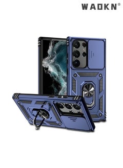 Samsung Galaxy S24 Ultra Case, Slide Camera Cover Camera Lend Protection, Built-in 360° Rotate Ring Kickstand, Shockproof, Anti Drop Phone Case for Galaxy S24 Ultra 5G 2024 Blue