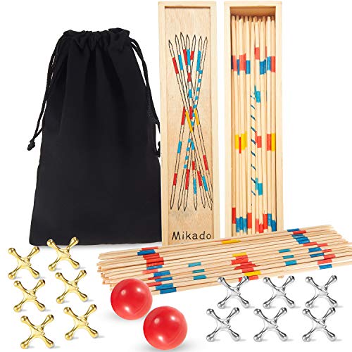 Sumind 84 Pcs Jacks Game and Pick up Sticks Include 62 Pcs Sticks 2 Pack Red Rubber Balls 20 Pack Gold and Silver Metal Jacks Classic Game for Kids Adults Family Party - Image 1
