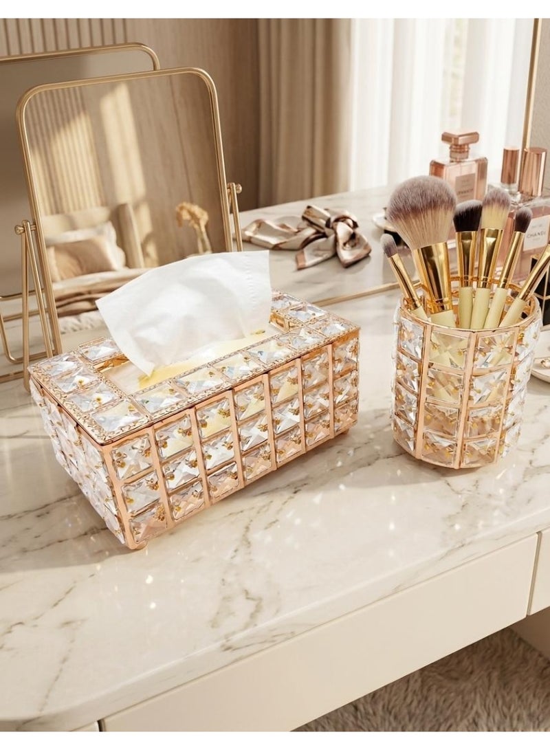 Spaceshoop Luxury 2 Piece Crystal Home Decor Set Gold Crystal Tissue Box Cover and Matching Makeup Brush Holder Elegant Vanity and Desk Organizer - Image 3