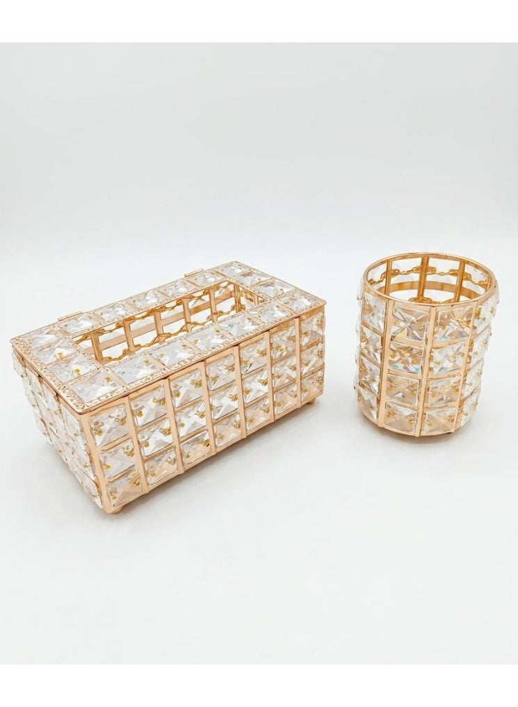 Spaceshoop Luxury 2 Piece Crystal Home Decor Set Gold Crystal Tissue Box Cover and Matching Makeup Brush Holder Elegant Vanity and Desk Organizer - Image 1