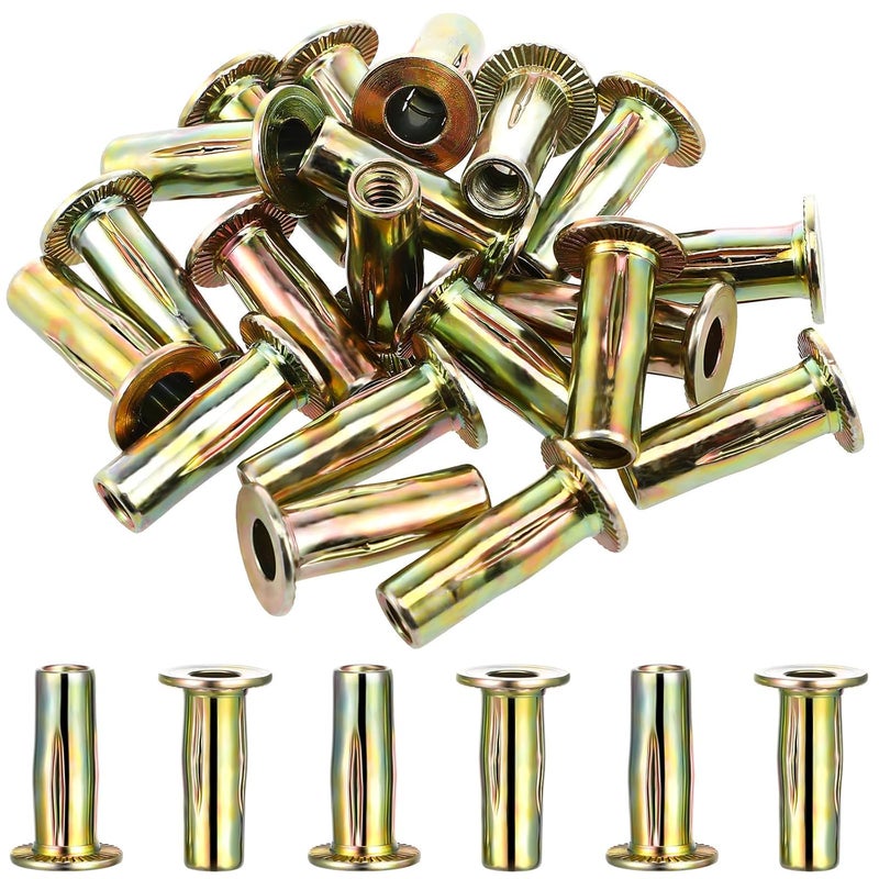 20 Pcs Gold Plated Multi-Grip Rivet Nuts Lantern Head 1/4-20 Threaded Insert Plus Nuts for Industrial Construction and Hardware Applications - Image 1