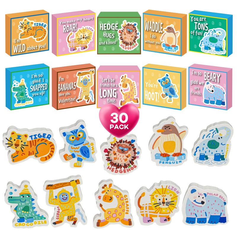 ATFUNSHOP Kids Valentines Day Gifts for School 30PACK - Animal Erasers and Gifts Boxes, Valentines Day Cards for Kids Toddlers Preschool Classmates Boy and Girl Classroom Exchange, Girl Birthday Return Gifts - Image 1