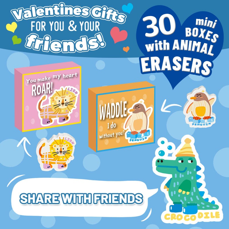 ATFUNSHOP Kids Valentines Day Gifts for School 30PACK - Animal Erasers and Gifts Boxes, Valentines Day Cards for Kids Toddlers Preschool Classmates Boy and Girl Classroom Exchange, Girl Birthday Return Gifts - Image 2