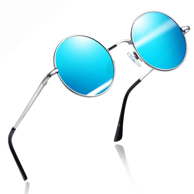 Joopin Small Round Sunglasses Circle Hippie Sun Glasses Polarized Uv400 Trendy Circular Shades For Women Men Halloween Costume (Mirrored Blue) - Image 1