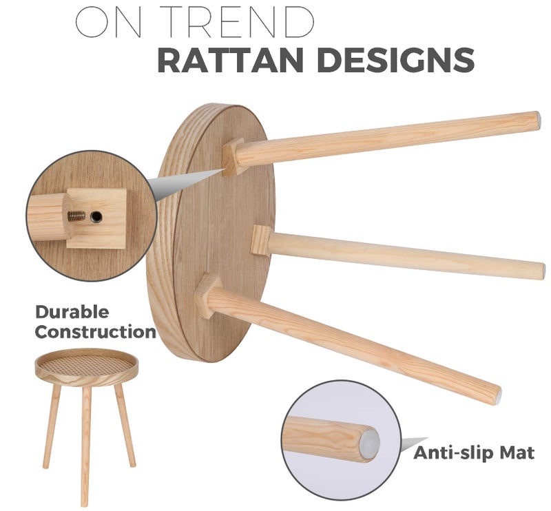 ZYBT Small Side Table, Rattan Nightstand, Round End Boho Bedside Accent Mid-Century Modern Bed Tables for Living Room Bedroom Office Balcony(Natural Walnut) - Image 5