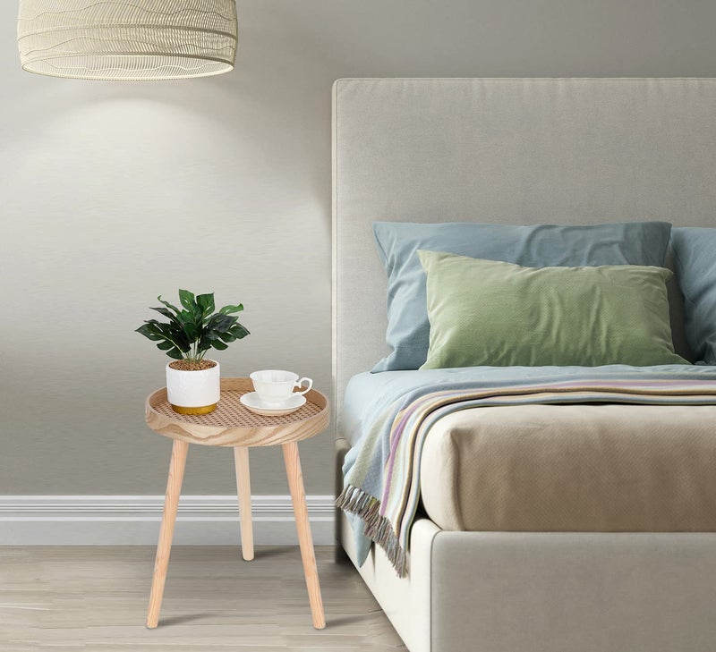 ZYBT Small Side Table, Rattan Nightstand, Round End Boho Bedside Accent Mid-Century Modern Bed Tables for Living Room Bedroom Office Balcony(Natural Walnut) - Image 3