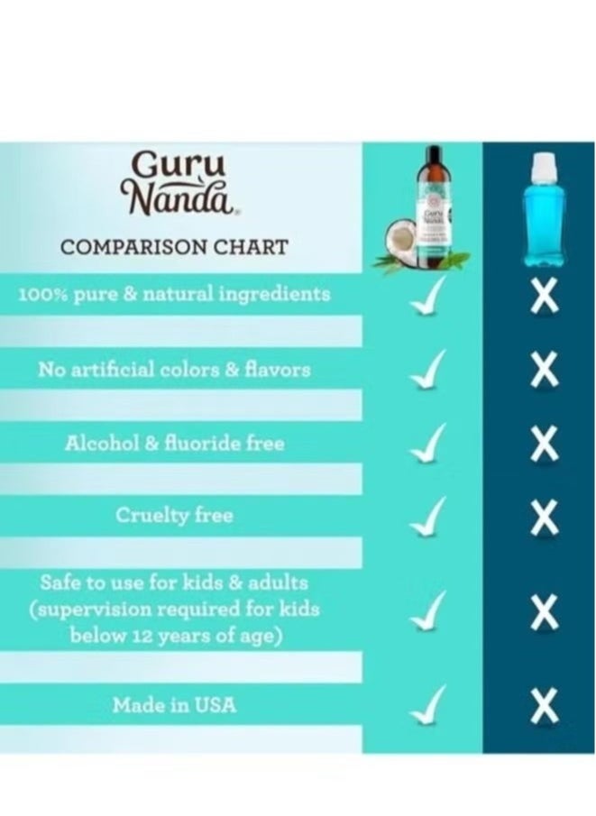 GuruNanda - 237 ml Coconut Oil Pulling Mouthwash with Coconut and Peppermint Oil Mouthwash for Fresh Breath Teeth Whitening Mint Pulling Mouthwash Natural Essential Oil Mouthwash with Tongue Scraper - Image 1