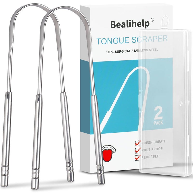 Bealihelp 2 Pack Tongue Scraper, 100% Surgical 304 Stainless Steel Tongue Cleaner for Adults And Kids, Professional Tongue Brush for Oral Care, Improve Bad Breath and Fresh Breath - Image 1