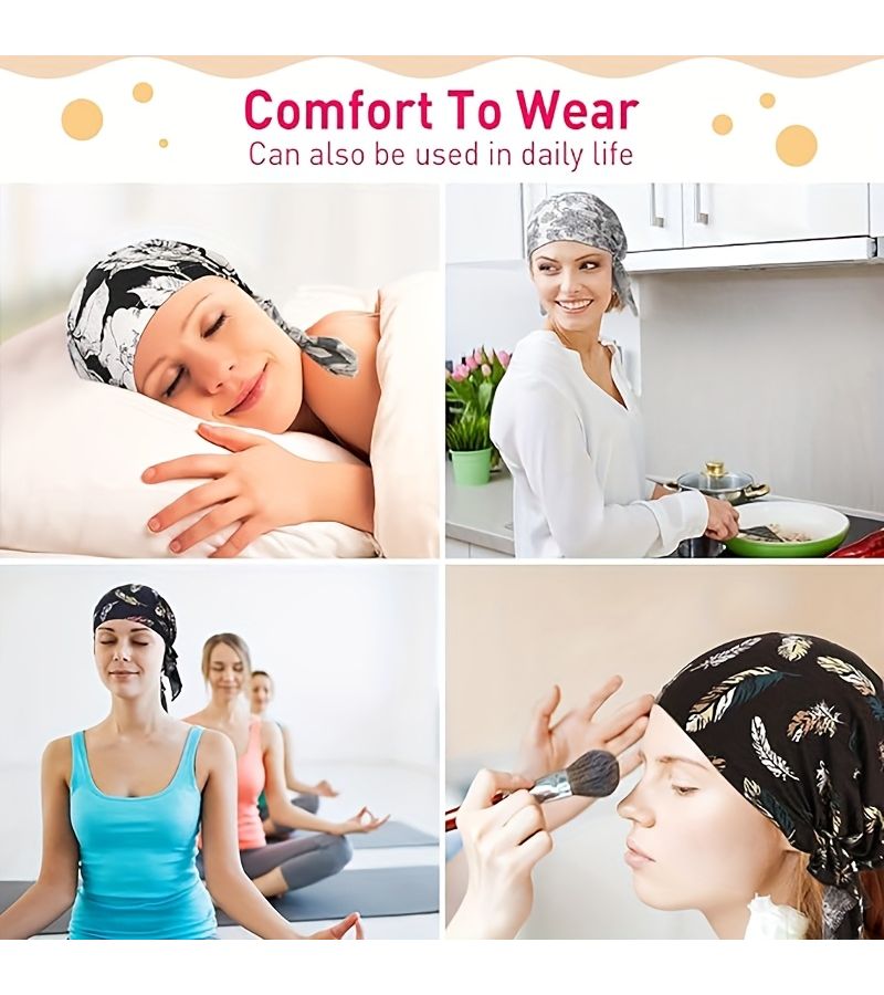 3 Pcs Printed Stretch Headscarves Chemotherapy Caps Shower Cap Black Bottom - Image 5