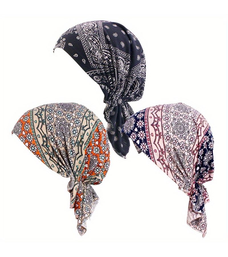 3 Pcs Printed Stretch Headscarves Chemotherapy Caps Shower Cap Black Bottom - Image 3