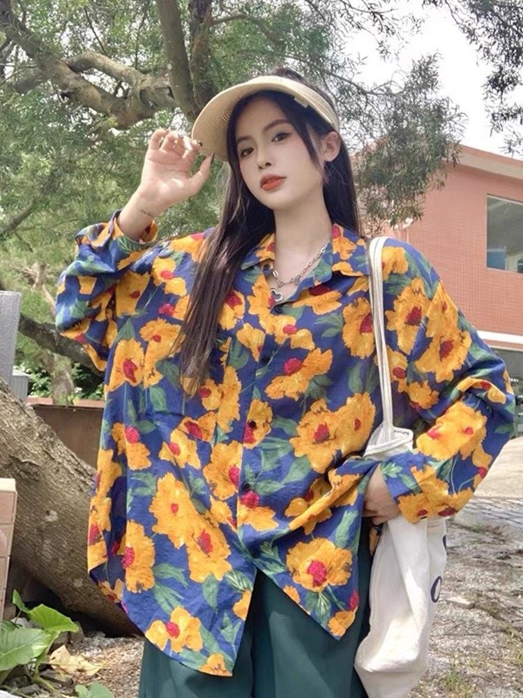 Sister gathering uniform wedding wedding bridesmaid group photo performance clothing 90s retro Hong Kong style floral shirt - Image 2