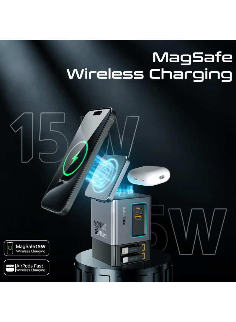 بروميت 6-in-1 GaNFast™ Charging Station With 105W Total Output, 15W MagSafe Wireless Charger, PD65W Retractable Type-C Cable, PD20W Retractable Lightning Cable,  PD18W USB-A Port, AirPods Wireless Charger - Black - Image 4