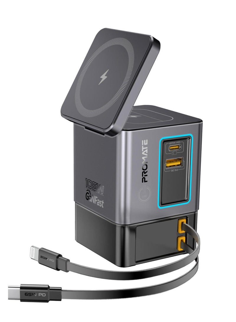 بروميت 6-in-1 GaNFast™ Charging Station With 105W Total Output, 15W MagSafe Wireless Charger, PD65W Retractable Type-C Cable, PD20W Retractable Lightning Cable,  PD18W USB-A Port, AirPods Wireless Charger - Black - Image 2
