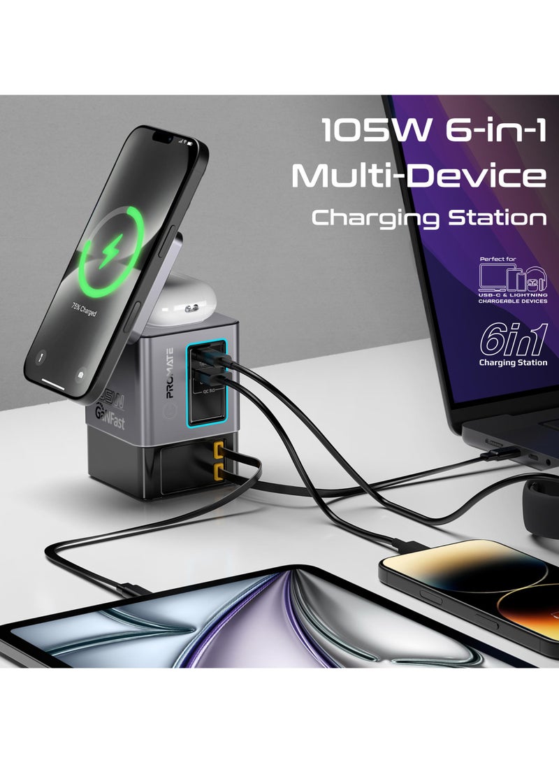 بروميت 6-in-1 GaNFast™ Charging Station With 105W Total Output, 15W MagSafe Wireless Charger, PD65W Retractable Type-C Cable, PD20W Retractable Lightning Cable,  PD18W USB-A Port, AirPods Wireless Charger - Black - Image 1