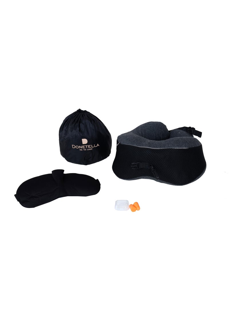 Donetella Travel Pillow: 1-Piece Memory Foam Neck Pillow, Light Weight, Comfortable Suitable For Airplane Travel and Gifting With Ear Plugs, Eye Mask, And Luxury Mesh Bag Black  - Image 1