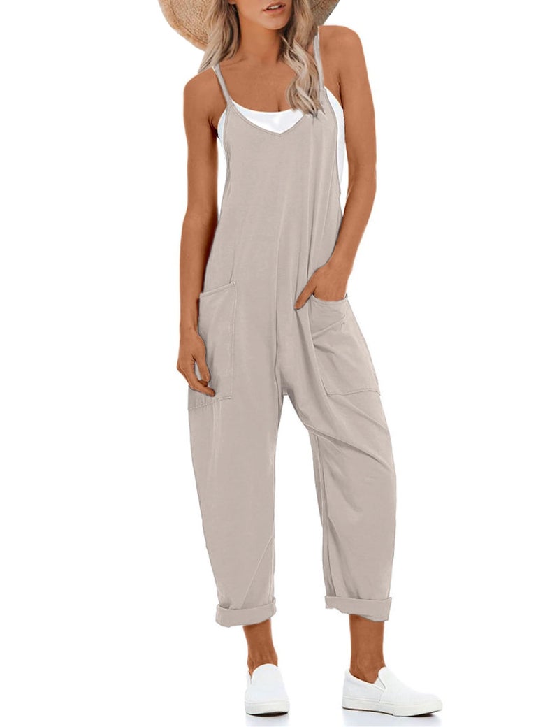 Lentta Women's Causal Jumpsuits V Neck Sleeveless Harem Overalls Stretchy Adjustable Strap Romper with Pockets(LightKhaki-XL) - Image 1
