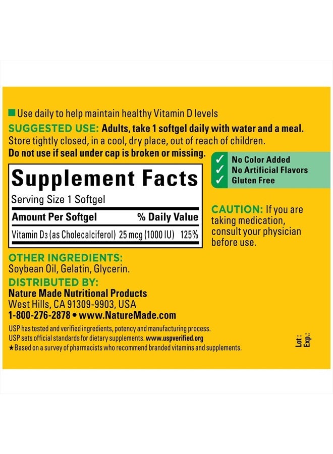 Nature Made D3 1000 IU (25 mcg) Bone, Teeth, Muscle Health, 180 Softgels - Image 2
