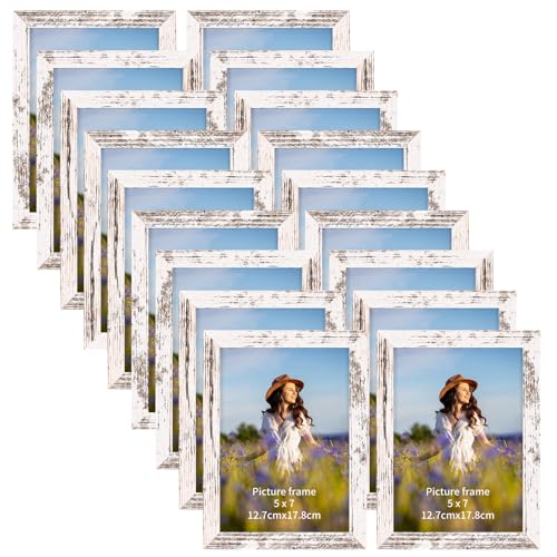 PETAFLOP Wooden Bulk 5x7 Picture Frame Set of 18 White Distressed Photo Frames Fits 5 by 7 for Wall or Tabletop Display