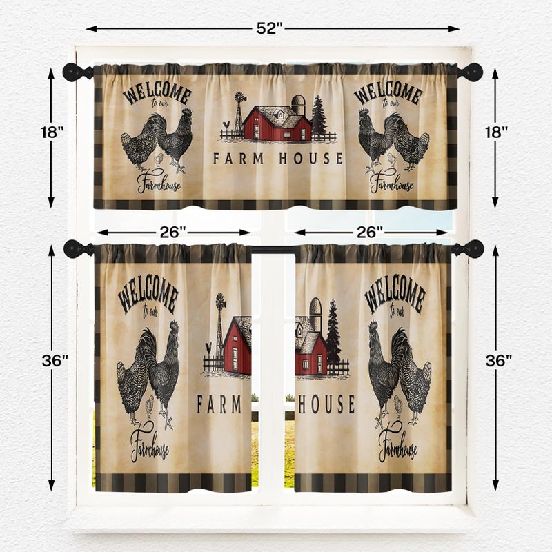 Tayney Farmhouse Rooster Kitchen Window Curtains Valance and Tier Set 36 Inch, Vintage Chicken Rod Pocket Short Tier Curtain for Bathroom, Rustic Small Cafe Drapes for Kitchen Decor - Image 4