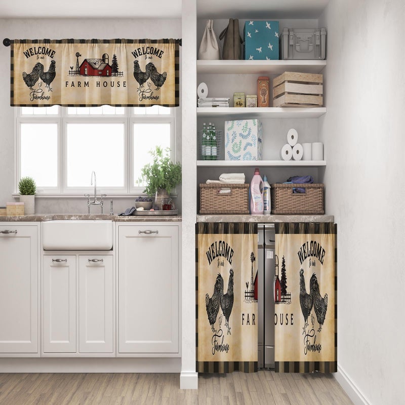 Tayney Farmhouse Rooster Kitchen Window Curtains Valance and Tier Set 36 Inch, Vintage Chicken Rod Pocket Short Tier Curtain for Bathroom, Rustic Small Cafe Drapes for Kitchen Decor - Image 2
