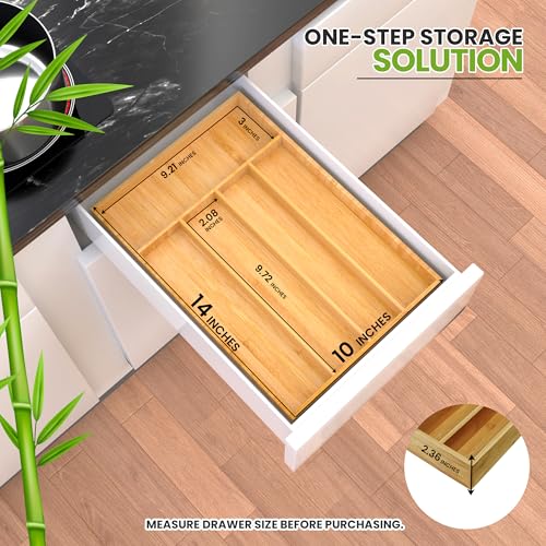 Utopia Kitchen Silverware Organizer, Bamboo Utensil Drawer Organizer for Cutlery, Utensils & Flatware (5 Compartment, Natural) Pack of 1 - Image 2