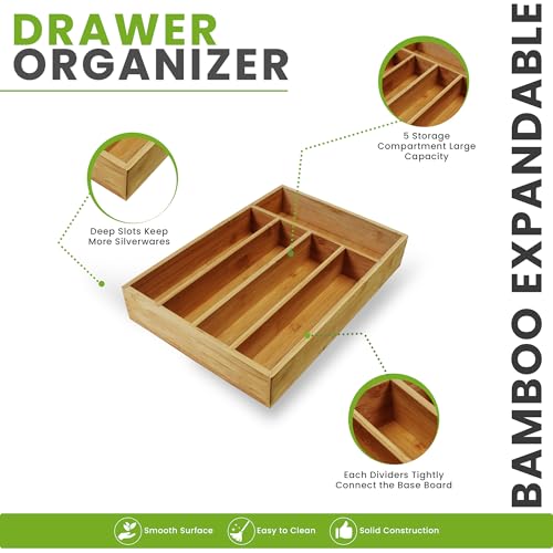 Utopia Kitchen Silverware Organizer, Bamboo Utensil Drawer Organizer for Cutlery, Utensils & Flatware (5 Compartment, Natural) Pack of 1 - Image 3