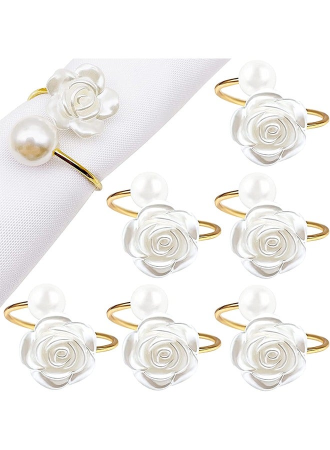 MVAQKLM  Napkin Rings, White Rose Pearl Dining Table Napkin Ring Holder, Vintage Paper Towel Rings for Valentine's Day Wedding Banquet Home Table Decorations (6 Pcs)  - Image 1