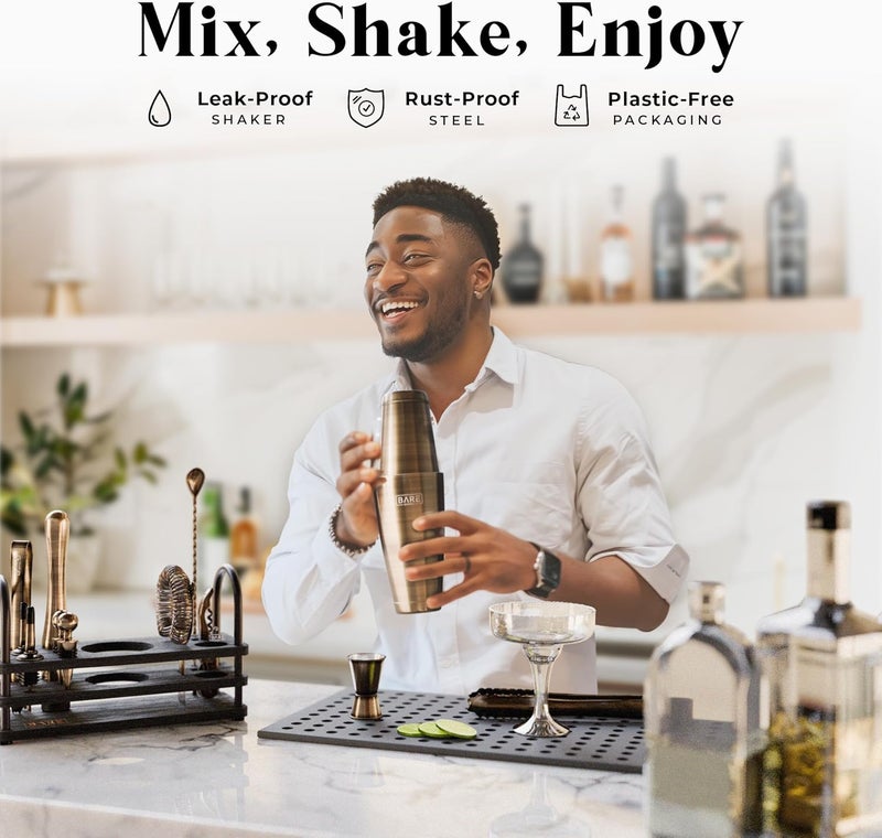 Bare Barrel ® Mixology Bartender Kit Bar Set | 14-Piece Cocktail Shaker Set | Martini Barware Mixing Tools for Home Bartending | 35 Recipe Cards | Gift Set (28oz Boston Shaker, Brass/Black) - Image 3