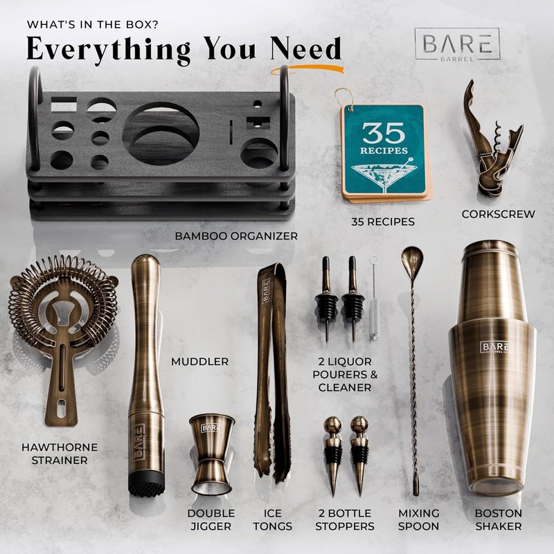 Bare Barrel ® Mixology Bartender Kit Bar Set | 14-Piece Cocktail Shaker Set | Martini Barware Mixing Tools for Home Bartending | 35 Recipe Cards | Gift Set (28oz Boston Shaker, Brass/Black) - Image 4