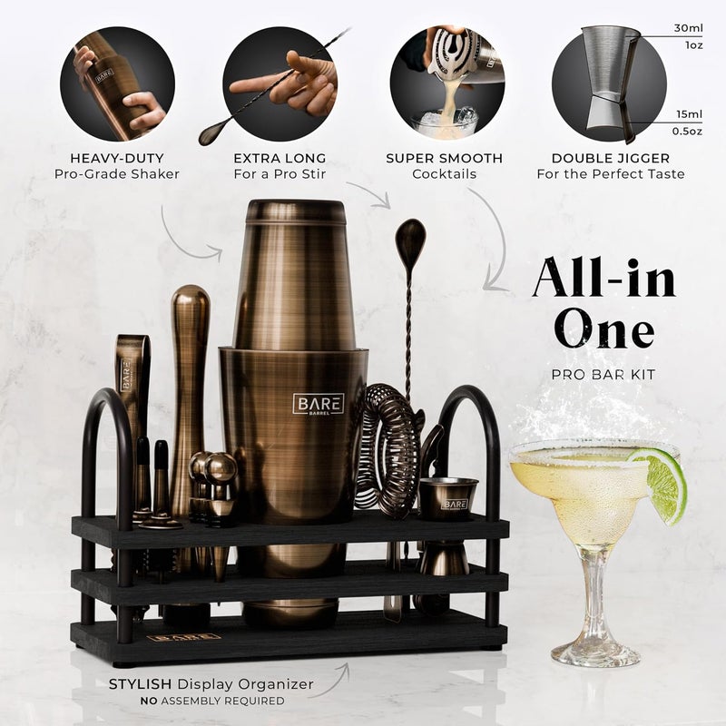 Bare Barrel ® Mixology Bartender Kit Bar Set | 14-Piece Cocktail Shaker Set | Martini Barware Mixing Tools for Home Bartending | 35 Recipe Cards | Gift Set (28oz Boston Shaker, Brass/Black) - Image 2