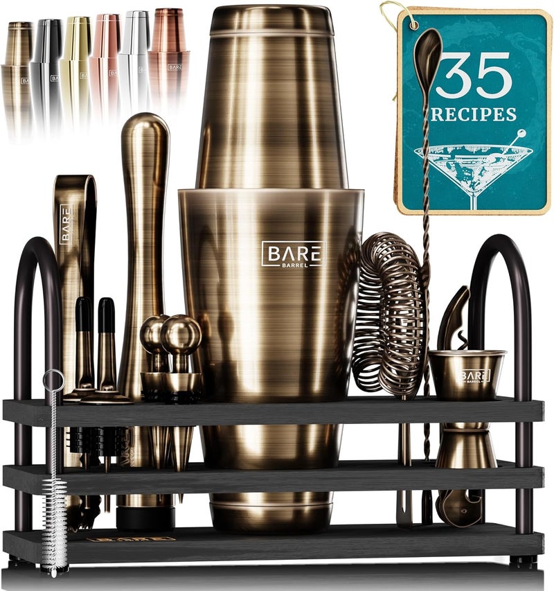 Bare Barrel ® Mixology Bartender Kit Bar Set | 14-Piece Cocktail Shaker Set | Martini Barware Mixing Tools for Home Bartending | 35 Recipe Cards | Gift Set (28oz Boston Shaker, Brass/Black) - Image 1