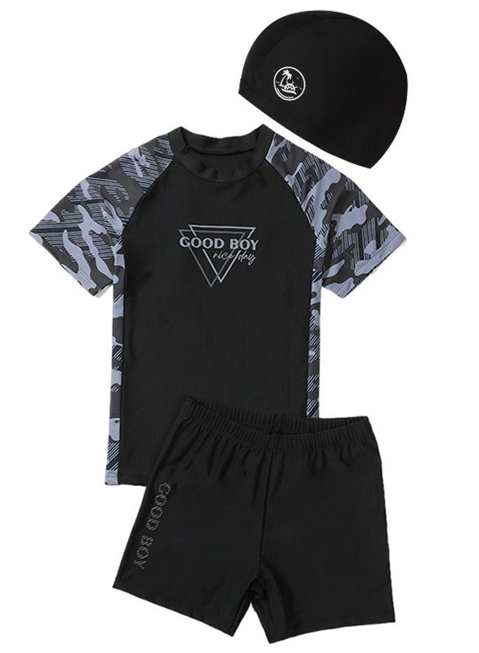 Loquat Boys Camouflage Swimsuits Set Short Sleeve Swim Shirts With Trunks And Swim Cap Quick Dry Swim Set 