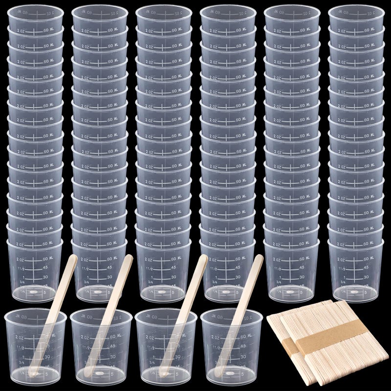 Coopay 100 Pack 60ml2oz Plastic Graduated Cups Transparent Scale Cups Clear Epoxy Mixing Cylinder with 100 Pack Wooden Stirring Sticks for Resin Epoxy Stain Mixing Paint