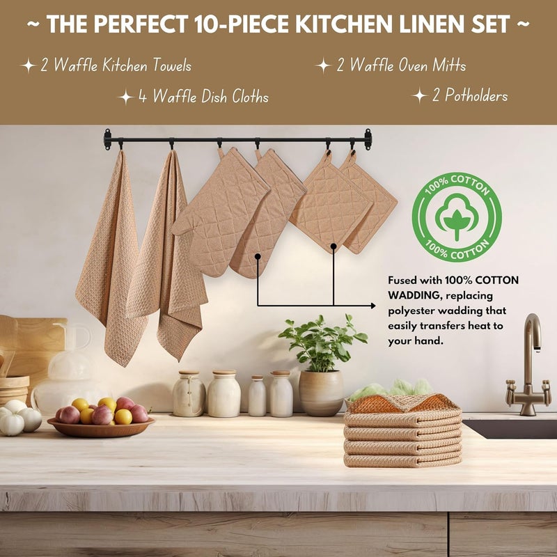 Native Fab 10-Piece Kitchen Set – Features Oven Mitts, Potholders, Kitchen Towels & Dishcloths, Heat Resistant, Durable Cotton, Perfect for Cooking, Baking, and Everyday Kitchen Tasks - Beige - Image 3