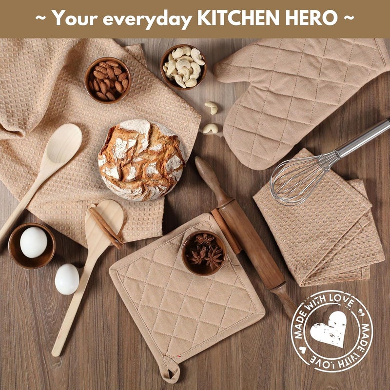 Native Fab 10-Piece Kitchen Set – Features Oven Mitts, Potholders, Kitchen Towels & Dishcloths, Heat Resistant, Durable Cotton, Perfect for Cooking, Baking, and Everyday Kitchen Tasks - Beige - Image 2