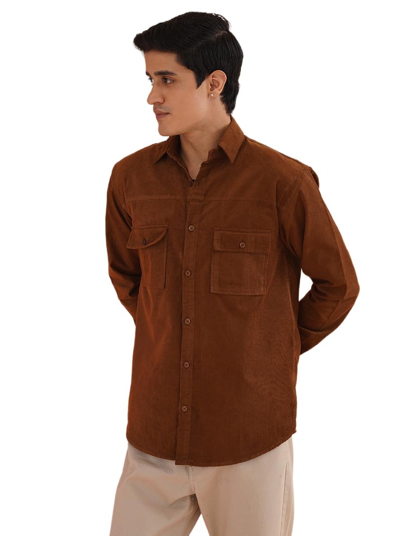 Indian Needle Men's Standard Corduroy Cotton Shirt in Solid Brown - Image 1
