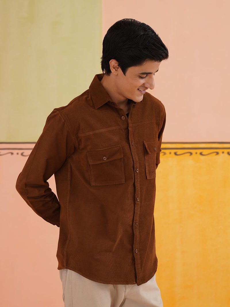 Indian Needle Men's Standard Corduroy Cotton Shirt in Solid Brown - Image 5