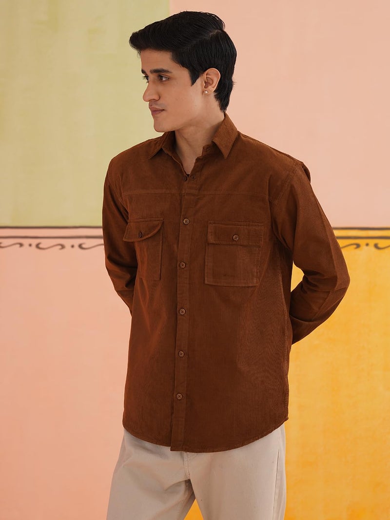 Indian Needle Men's Standard Corduroy Cotton Shirt in Solid Brown - Image 3
