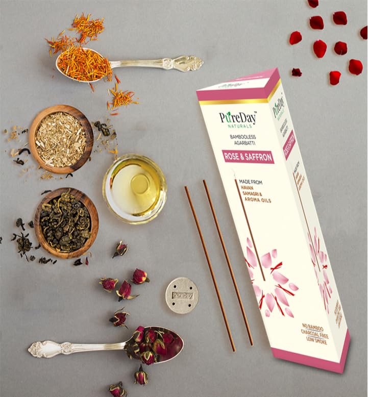 PureDay Bambooless Agarbatti 200 Dhoop Sticks Pack of 3 Jasmine 160 Sticks Rose Saffron 40 Sticks No Bamboo No Charcoal Lasting Aroma Free Ceramic Stand - Image 3