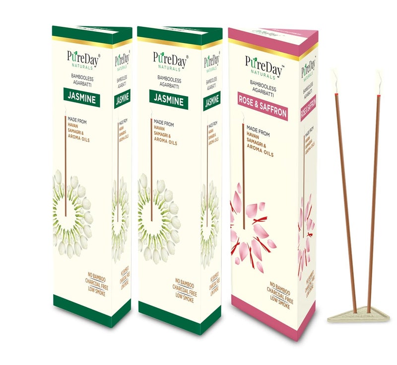 PureDay Bambooless Agarbatti 200 Dhoop Sticks Pack of 3 Jasmine 160 Sticks Rose Saffron 40 Sticks No Bamboo No Charcoal Lasting Aroma Free Ceramic Stand - Image 1