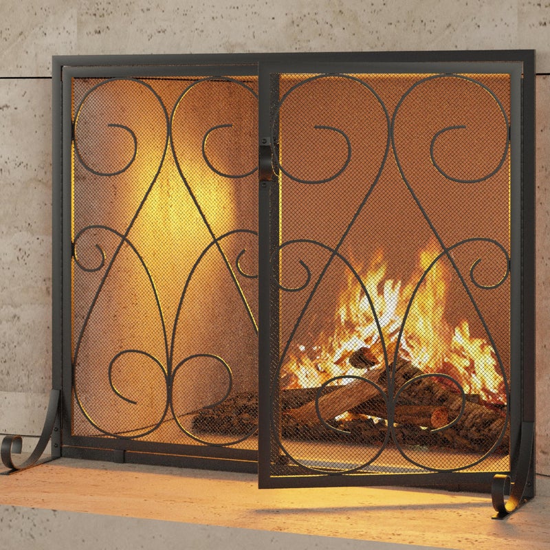 Kingson 2-Panel Fireplace Screen with Doors Handcrafted Wrought Iron Decorative Mesh, Symmetric Scroll Fire Spark Guard-Black - Image 5