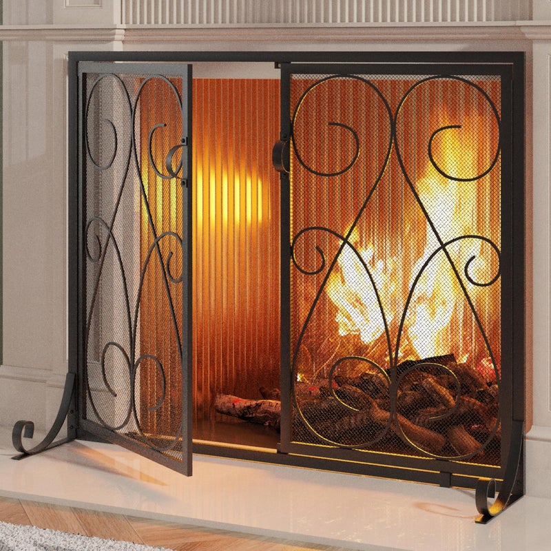 Kingson 2-Panel Fireplace Screen with Doors Handcrafted Wrought Iron Decorative Mesh, Symmetric Scroll Fire Spark Guard-Black - Image 1
