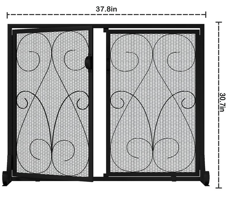 Kingson 2-Panel Fireplace Screen with Doors Handcrafted Wrought Iron Decorative Mesh, Symmetric Scroll Fire Spark Guard-Black - Image 3