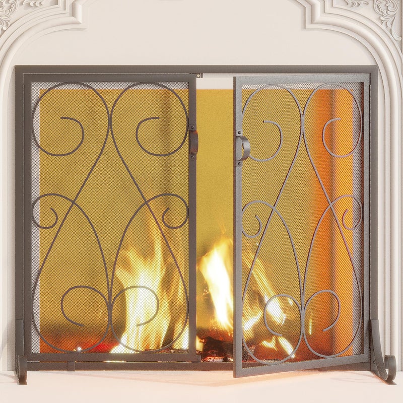 Kingson 2-Panel Fireplace Screen with Doors Handcrafted Wrought Iron Decorative Mesh, Symmetric Scroll Fire Spark Guard-Black - Image 4