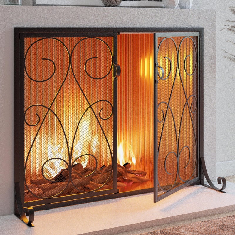 Kingson 2-Panel Fireplace Screen with Doors Handcrafted Wrought Iron Decorative Mesh, Symmetric Scroll Fire Spark Guard-Black - Image 2