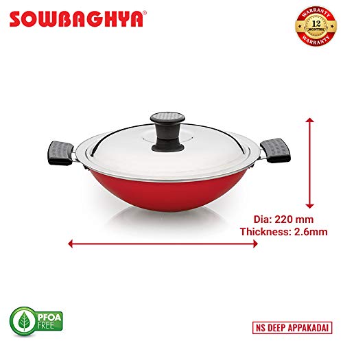 SOWBAGHYA Non Stick Aluminium Deep Appakadai - Red - Appam Maker Non Stick with Lid - Appam Chatty Non Stick - Appachatti - Appam Kadai - Ideal for Indian Cooking (Aluminium, 2.6 mm Thickness) - Image 4
