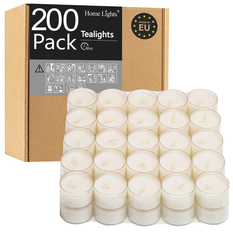 Homelights Tea Lights Candles Giant 100200300 Bulk Packs 445 Hrs White Unscented European Smokeless Clear Cup Tea Lights for Shabbat Weddings Christmas Home Decorative 200 Pack