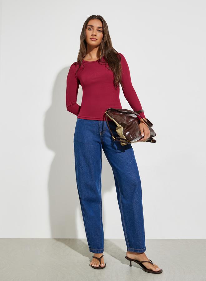 Styli Red Round Neck Ribbed Knit Top - Image 2