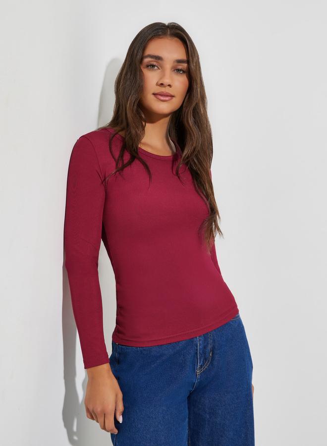 Styli Red Round Neck Ribbed Knit Top - Image 1