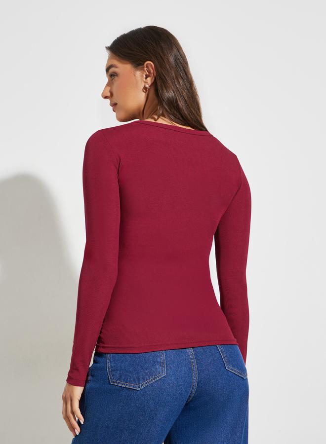 Styli Red Round Neck Ribbed Knit Top - Image 4